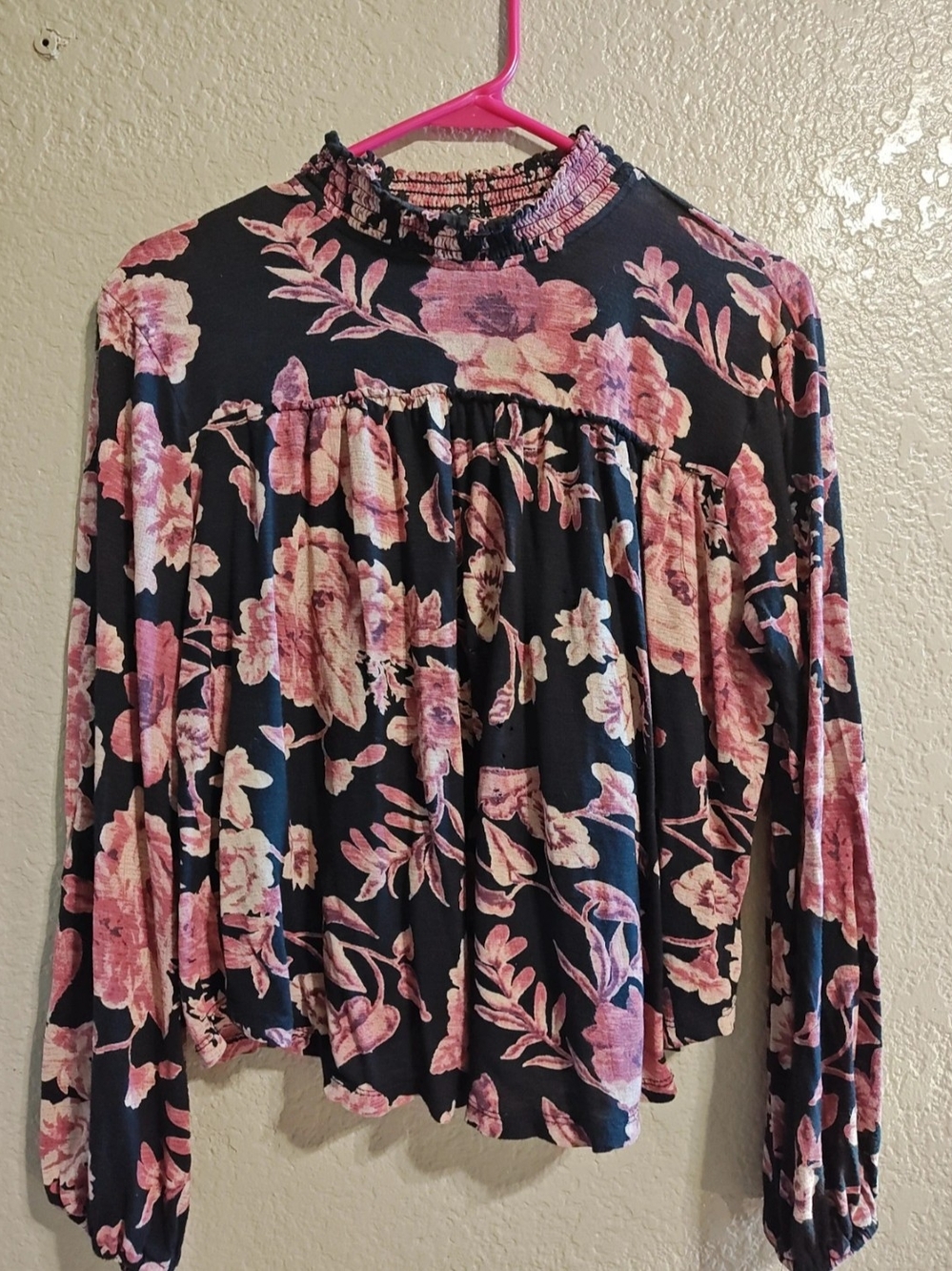 Lucky Brand Navy Long Sleeve Floral Mock-Neck Top with Pink Blooms